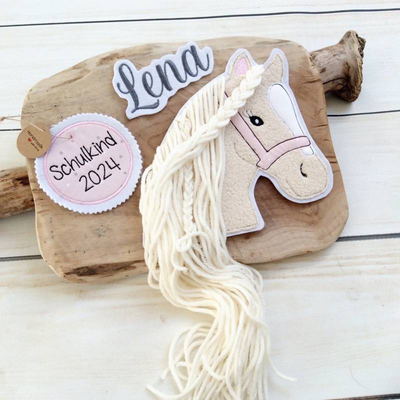 Komplettes Set Applikation Pferdekopf M Aufnäher Button Für Schultüte Und Wunschname Patch Motiv Auf Filz Pferd Mit Mähne Pony von MohnblumesWelt