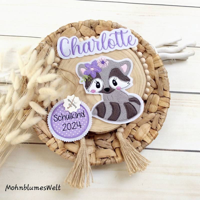 Komplettes Set Applikation Waschbär Aufnäher Button Für Schultüte "Schulkind 2026" Und Wunschname Patch Motiv Auf Filz von MohnblumesWelt