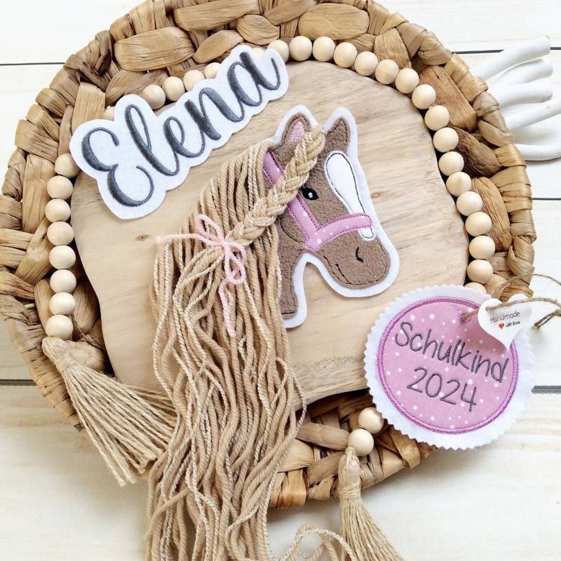 Komplettes Set M Applikation Pferdekopf Aufnäher Button Für Schultüte Und Wunschname Patch Motiv Auf Filz Pferd Mit Mähne Pony von MohnblumesWelt