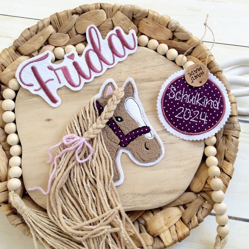Komplettes Set M Applikation Pferdekopf Aufnäher Button Für Schultüte Und Wunschname Patch Motiv Auf Filz Pferd Mit Mähne Pony von MohnblumesWelt