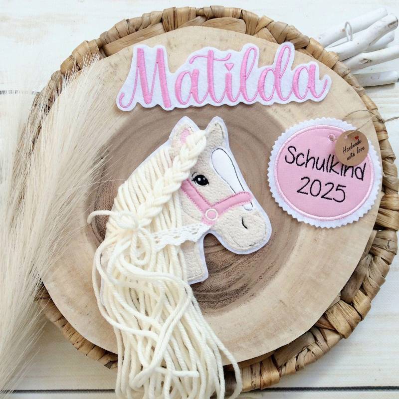 Komplettes Set M Applikation Pferdekopf Aufnäher Button Für Schultüte Und Wunschname Patch Motiv Auf Filz Pferd Mit Mähne Zügel von MohnblumesWelt