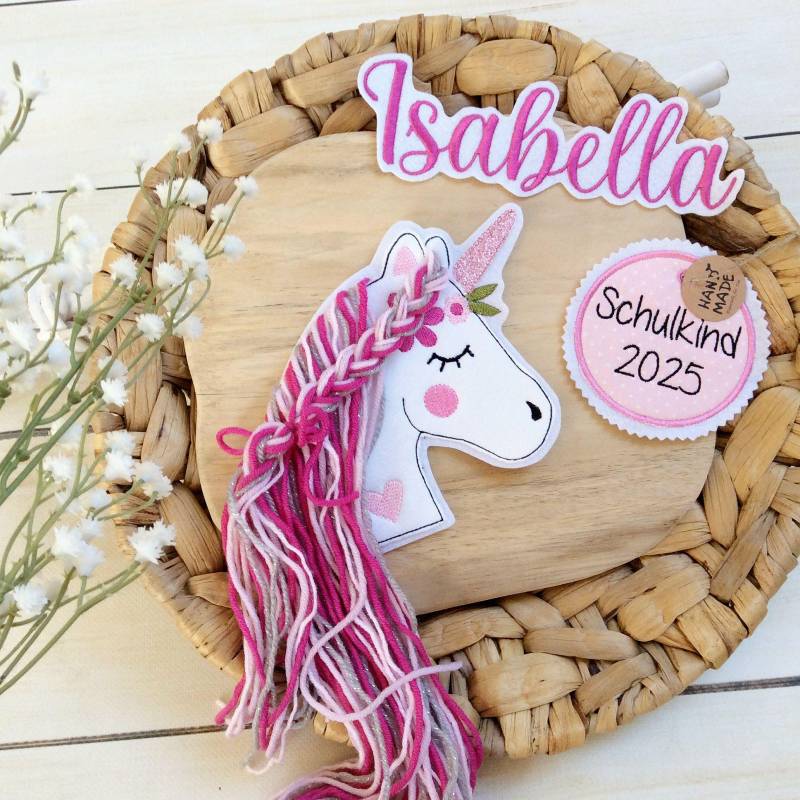Set Applikation Boho Einhorn M Aufnäher Button Für Schultüte Auf Filz Pferd Mit Mähne Und Anhänger Inkl. Wunschname von MohnblumesWelt