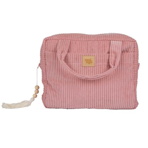 Moi Mili Damen Kordsamt Handtasche Kosmetiktasche mit Reißverschluss 26 x 20 x 7 cm Henkeltasche für Alltag Reisen Stofftasche Hellrosa von Moi Mili