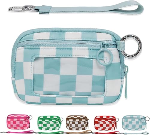 Moilkooe The Iris Geldbörse für Damen, Mini Gen, The Iris Pouch Wristlet Zip Card Case mit Ausweisfenster, wasserdichte Nylon-Schlüsselbund-Geldbörse für Damen, Blaues Gittermuster, Einheitsgröße von Moilkooe