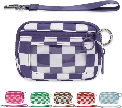 Moilkooe The Iris Geldbörse für Damen, Mini Gen, The Iris Pouch Wristlet Zip Card Case mit Ausweisfenster, wasserdichte Nylon-Schlüsselbund-Geldbörse für Damen, Dunkelviolettes Gitter, Einheitsgröße von Moilkooe