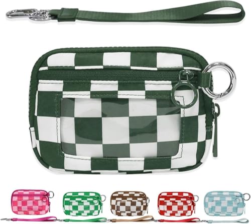 Moilkooe The Iris Geldbörse für Damen, Mini Gen, The Iris Pouch Wristlet Zip Card Case mit Ausweisfenster, wasserdichte Nylon-Schlüsselbund-Geldbörse für Damen, Grünes Gitter, Einheitsgröße von Moilkooe