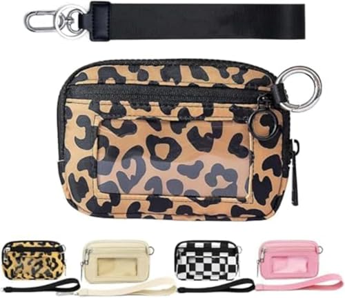 Moilkooe The Iris Geldbörse für Damen, Mini Gen, The Iris Pouch Wristlet Zip Card Case mit Ausweisfenster, wasserdichte Nylon-Schlüsselbund-Geldbörse für Damen, Hellbrauner Leopardenmuster von Moilkooe