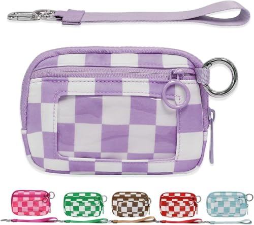 Moilkooe The Iris Geldbörse für Damen, Mini Gen, The Iris Pouch Wristlet Zip Card Case mit Ausweisfenster, wasserdichte Nylon-Schlüsselbund-Geldbörse für Damen, Hellviolettes Gitter, Einheitsgröße von Moilkooe