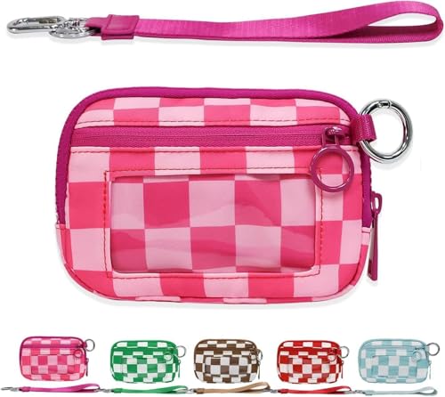 Moilkooe The Iris Geldbörse für Damen, Mini Gen, The Iris Pouch Wristlet Zip Card Case mit Ausweisfenster, wasserdichte Nylon-Schlüsselbund-Geldbörse für Damen, Rosafarbenes Gitter, Einheitsgröße von Moilkooe
