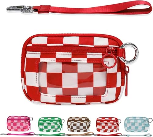 Moilkooe The Iris Geldbörse für Damen, Mini Gen, The Iris Pouch Wristlet Zip Card Case mit Ausweisfenster, wasserdichte Nylon-Schlüsselbund-Geldbörse für Damen, Rotes Gittermuster, Einheitsgröße von Moilkooe