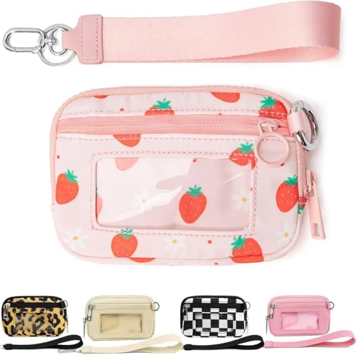 Moilkooe The Iris Geldbörse für Damen, Mini Gen, The Iris Pouch Wristlet Zip Card Case mit Ausweisfenster, wasserdichte Nylon-Schlüsselbund-Geldbörse für Damen, erdbeere, Einheitsgröße, Amerikanisch von Moilkooe