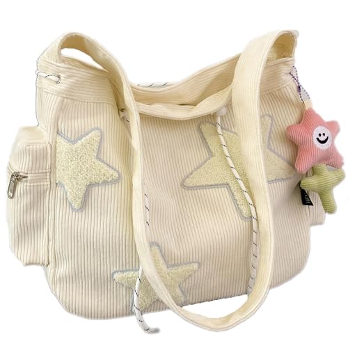 Moilkooe Y2K Umhängetasche aus Kordsamt, Kawaii-Kuriertasche, große Kapazität, vielseitige Crossbody-Tragetasche mit mehreren Taschen, verstellbarer Riemen für Arbeit, Schule, Reisen, Ausflug, beige von Moilkooe