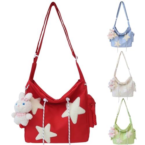 Moilkooe Y2K Umhängetasche aus Kordsamt, Kawaii-Kuriertasche, große Kapazität, vielseitige Crossbody-Tragetasche mit mehreren Taschen, verstellbarer Riemen für Arbeit, Schule, Reisen, Ausflug, Rotes von Moilkooe