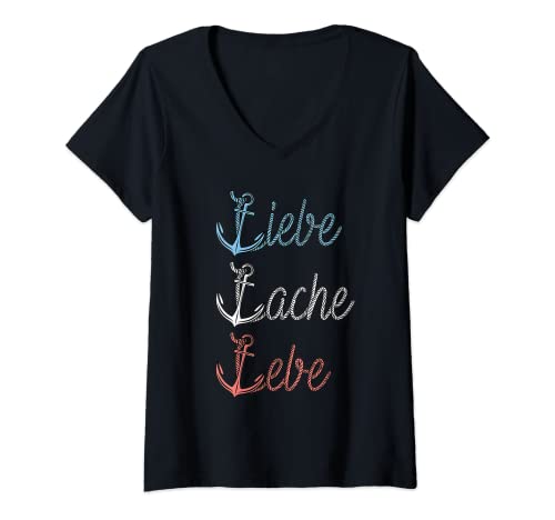 Damen Liebe Lache Lebe Moin Moin Möwe Anker Norddeutschland T-Shirt mit V-Ausschnitt von Moin Lübeck Moin Oldenburg Moin Hamburg Rostock