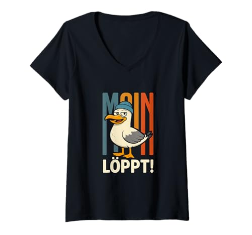 Damen Moin Löppt Möwe Norddeutsch Humor T-Shirt mit V-Ausschnitt Damen Moin Löppt Möwe Norddeutsch Humor T-Shirt mit V-Ausschnitt von Moin Möwe Nordsee Fun