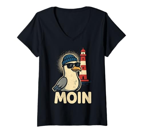 Damen Moin Plattdeutsch Norddeutschland Ostfriesland Ostsee Moin T-Shirt mit V-Ausschnitt Damen Moin Plattdeutsch Norddeutschland Ostfriesland Ostsee Moin T-Shirt mit V-Ausschnitt von Moin Ostfriesland Plattdeutsch Möwen Nordsee Moin