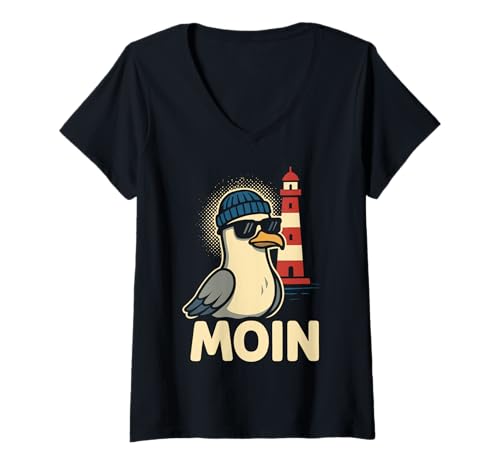 Damen Moin Plattdeutsch Norddeutschland Ostfriesland Ostsee Moin T-Shirt mit V-Ausschnitt Damen Moin Plattdeutsch Norddeutschland Ostfriesland Ostsee Moin T-Shirt mit V-Ausschnitt von Moin Ostfriesland Plattdeutsch Möwen Nordsee Moin