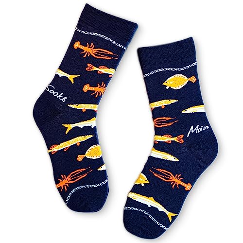 Moin Socks Dunkelblaue Motivsocke mit Fischen, Größe 41-46, Unisex von Moin Socks