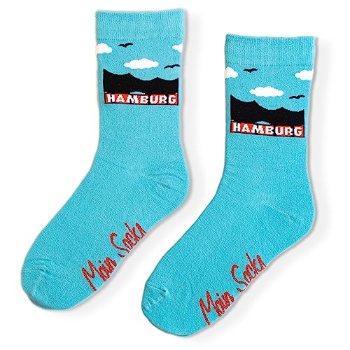 Moin Socks Hellblaue Motivsocke mit Elbphilharmonie-Motiv und Hamburg-Schriftzug, Unisex Größe 36-40 von Moin Socks