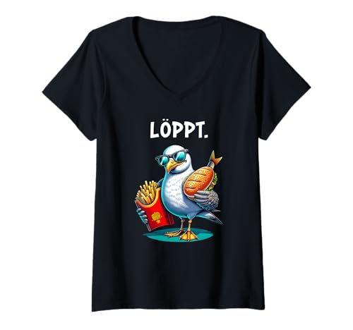Damen Löppt Lustige Möwe Pommes Fischbrötchen Plattdeutsch Spruch T-Shirt mit V-Ausschnitt von Moin! – Waterkant Design by Media Senses