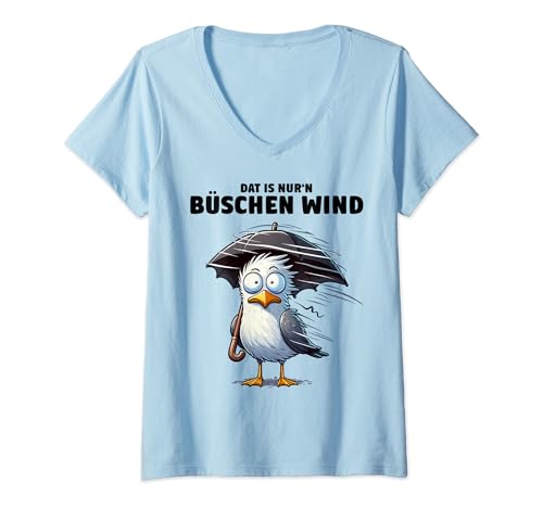 Damen Möwe Sturm Orkan Schietwetter – Dat is nur'n büschen Wind T-Shirt mit V-Ausschnitt Damen Möwe Sturm Orkan Schietwetter – Dat is nur'n büschen Wind T-Shirt mit V-Ausschnitt von Moin! – Waterkant Design by Media Senses
