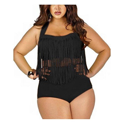 Moin Frauen Plus Size Bikini Set Neckholder Bademode Zwei Teil Badeanzug Schwimmanzug Swimmsuit Swimwear mit Extra Gross Quaste Fransen Farbe Schwarz Größe L von Moin