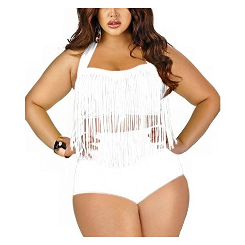 Moin Frauen Plus Size Bikini Set Neckholder Bademode Zwei Teil Badeanzug Schwimmanzug Swimmsuit Swimwear mit Extra Gross Quaste Fransen Farbe Weiß Größe XXL von Moin