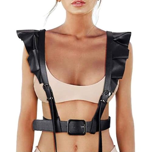 Moinha Damen Punk Taillengürtel Rüschen PU Leder Harness Gürtel Körper Brust Kette Schwarz Gothic Weste Gürtel Verstellbare Körperkette Skinny Body Harness für Frauen Cosplay Party Outfit Damen von Moinha