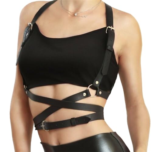 Moinha Punk Taillengürtel Damen Leder Gürtel Körper Brust Kette Schwarz Harness Gothic Oberkörper Brustgurte Straps Skinny Body Gürtel Körperketten Einstellbar Cupless Dessous BH für Frauen Cosplay von Moinha