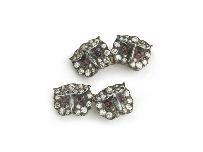 Diamant, Rubin, Silber Und Gold Eulen Manschettenknöpfe, Circa 1970 von MoiraFineJewellery