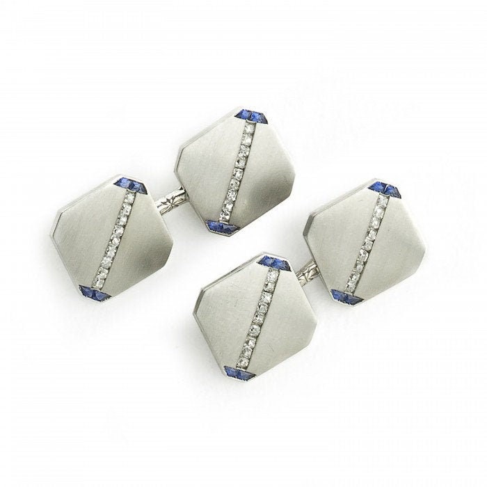 J. E. Caldwell Saphir & Diamant Platin Manschettenknöpfe | Datum, 1922 von MoiraFineJewellery