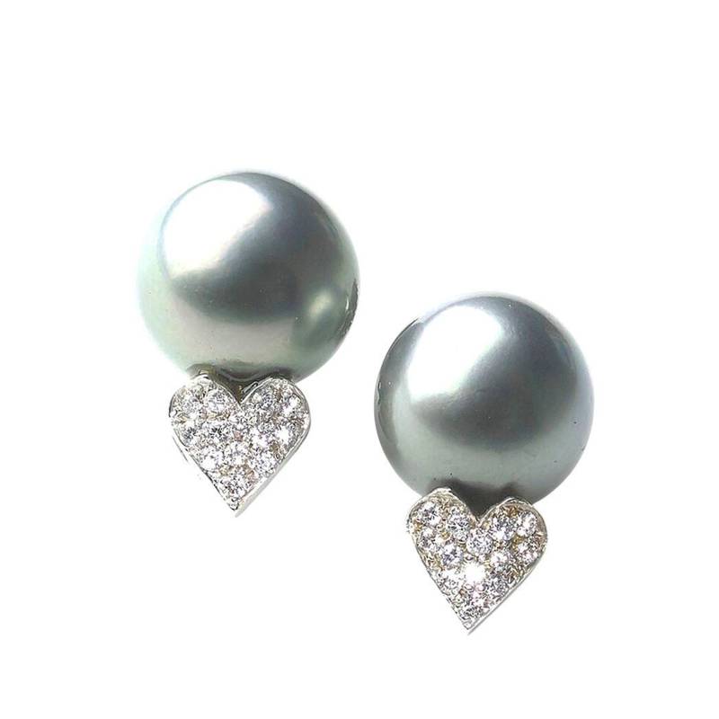 Tahiti Perle Diamant Herz Und 14 Karat Weißgold Ohrringe, Circa 1990 von MoiraFineJewellery