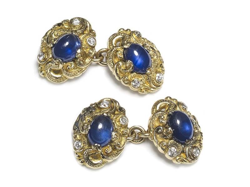 Vintage Saphir & Diamant Geschnitzt Gold Manschettenknöpfe von MoiraFineJewellery