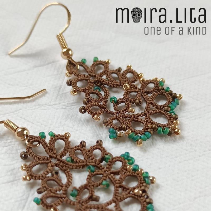 Tatting Ohrringe Braun Gold Grün Spitze von MoiraLita