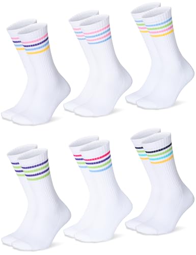Moitiy 6 Paar Socken Damen Tennissocken Sportsocken Baumwolle Atmungaktive Streifen Damensocken Lange Gepolstert Laufsocken Wandersocken 35-38 von Moitiy