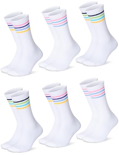 Moitiy 6 Paar Socken Damen Tennissocken Sportsocken Baumwolle Atmungaktive Streifen Damensocken Lange Gepolstert Laufsocken Wandersocken 39-42 von Moitiy