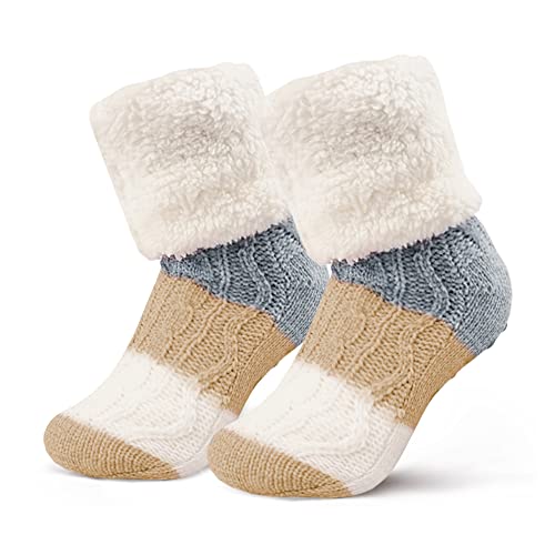 Moitkptt Kuschelsocken Damen 39-42, Stoppersocken Damen, Antirutschsocken erwachsene, Haussocken Damen, Hüttensocken mit sohle, warme socken damen für Damen und Herren (Blau&Khaki) von Moitkptt