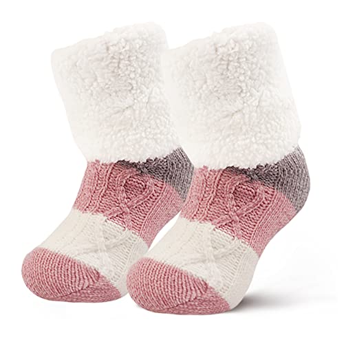 Moitkptt Kuschelsocken Damen 39-42, Stoppersocken Damen, Antirutschsocken erwachsene, Haussocken Damen, Hüttensocken mit sohle, warme socken damen für Damen und Herren (Rosa&Grau) von Moitkptt