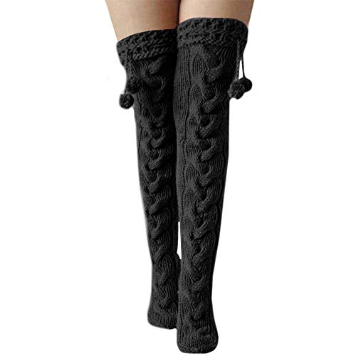 Moitkptt Overknee Strümpfe Damen mit Pompon, Kniestrümpfe Damen Winter, Lange Overknee Strümpfe, Thigh High Socks, Lange Gestreifte Socken, Oberkneestrümpfe Damen (Schwarz) von Moitkptt