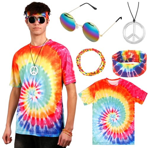 Hippie Kostüm Herren, 5 Stück 60er 70er Jahre Bekleidung Männer Batik Shirt mit Stirnband Peace Zeichen Halskette Sonnenbrille Armband Disco Outfit Hippie Accessoires Karneval Fasching Kostüm von Moiuguli