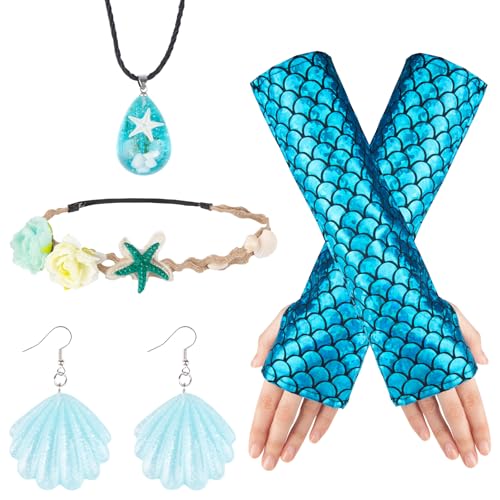 Meerjungfrau Kostüm Damen, Meerjungfrau Karneval Accessoires Damen, Kostüm Meerjungfrau Damen mit Meerjungfrauen Handschuhe Halskette Haarspange Ohrringe,Fasching Accessoires Damen fur Karneval Party von Moiuguli
