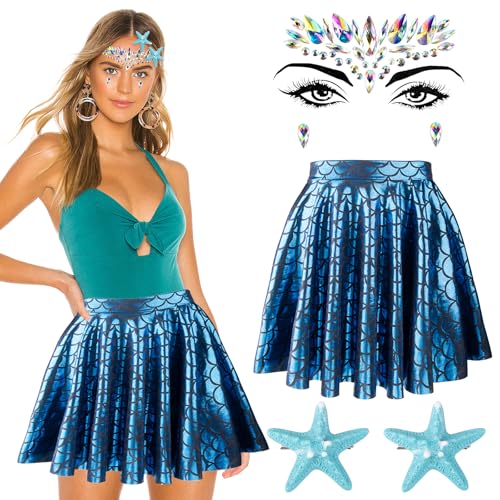 Moiuguli Meerjungfrau Kostüm Damen, Meerjungfrau Karneval Kostüm Damen, Kostüm Meerjungfrau Damen + Gesichtsdiamantaufnäher + Seestern Haarspange, Unterwasserwelt Kostüm fur Karneval Party von Moiuguli