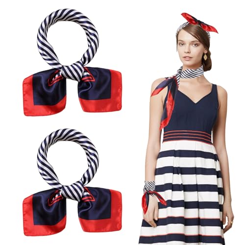 Moiuguli 2 Nautische Quadratische Halstücher, Rot Weiß Blau Matrosenschals, Matrosen Kostüm Damen Halstuch Stirnbänder Haarschal für Navy Dress Up Party Zubehör von Moiuguli