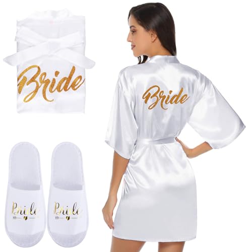Moiuguli Morgenmantel für Hochzeit, Satin Braut/Brautjungfern Bademantel V Ausschnitt, Bride/Brautjungfern Bademantel mit Gürtel Hausschuhe Braut&Brautjungfer Kimono für Hochzeit Party von Moiuguli