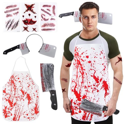 Moiuguli Halloween Kostüm Herren, Blutiges Messer Metzger Kostüm Horror Zombie Kostüm Herren Damen-3 Blätter realistischer Tattoo Aufkleber 1 blutige Schürze 2 Spielzeug messer durch den Kopf Ideen von Moiuguli
