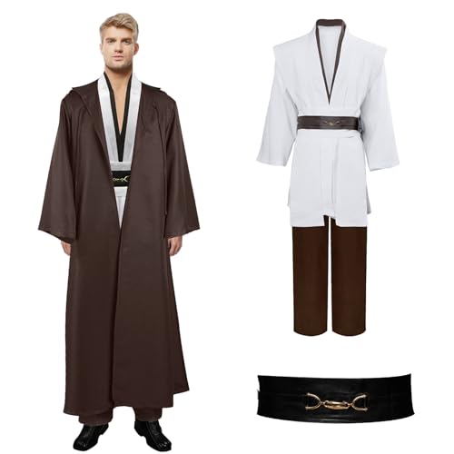 Moiuguli Jedi Kostüm für Herren, Obi Wan Kenobi Jedi Robe Tunika Kapuzenmantel Outfit Umhang mit Kapuze, 7-teilig Mittelalterlich Karneval Halloween Cosplay Ritter Kostüm Requisiten Set von Moiuguli