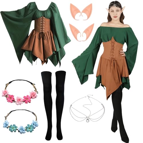 Moiuguli Mittelalter Kleidung Damen Renaissance Kostüm Waldfee Elfenohren Haarschmuck Overknee Socken für Karneval Cosplay Halloween von Moiuguli