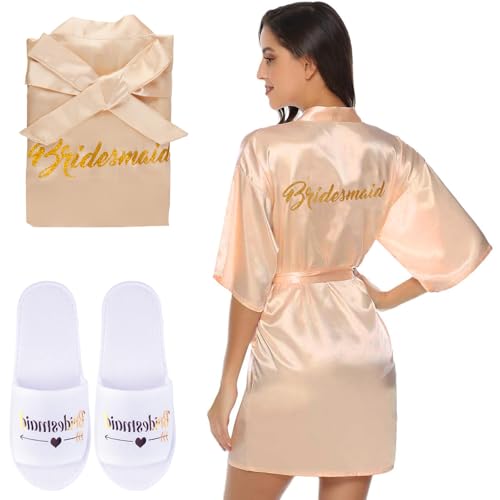 Moiuguli Morgenmantel für Hochzeit, Satin Braut/Brautjungfern Bademantel V Ausschnitt, Bride/Brautjungfern Bademantel mit Gürtel Hausschuhe Braut&Brautjungfer Kimono für Hochzeit Party von Moiuguli