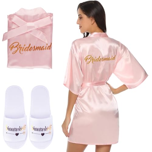 Moiuguli Morgenmantel für Hochzeit, Satin Braut/Brautjungfern Bademantel V Ausschnitt, Bride/Brautjungfern Bademantel mit Gürtel Hausschuhe Braut&Brautjungfer Kimono für Hochzeit Party von Moiuguli