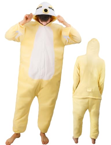 Onesie Faultier Kostüm Unisex, Kuschelig Schlafanzug Einteiler Damen Herren Erwachsene mit Reißverschluss Kapuze Pyjama Kuschel Jumpsuit Tierkostüm Lang Homewear Karneval Fasching Kostüm Damen Herren von Moiuguli